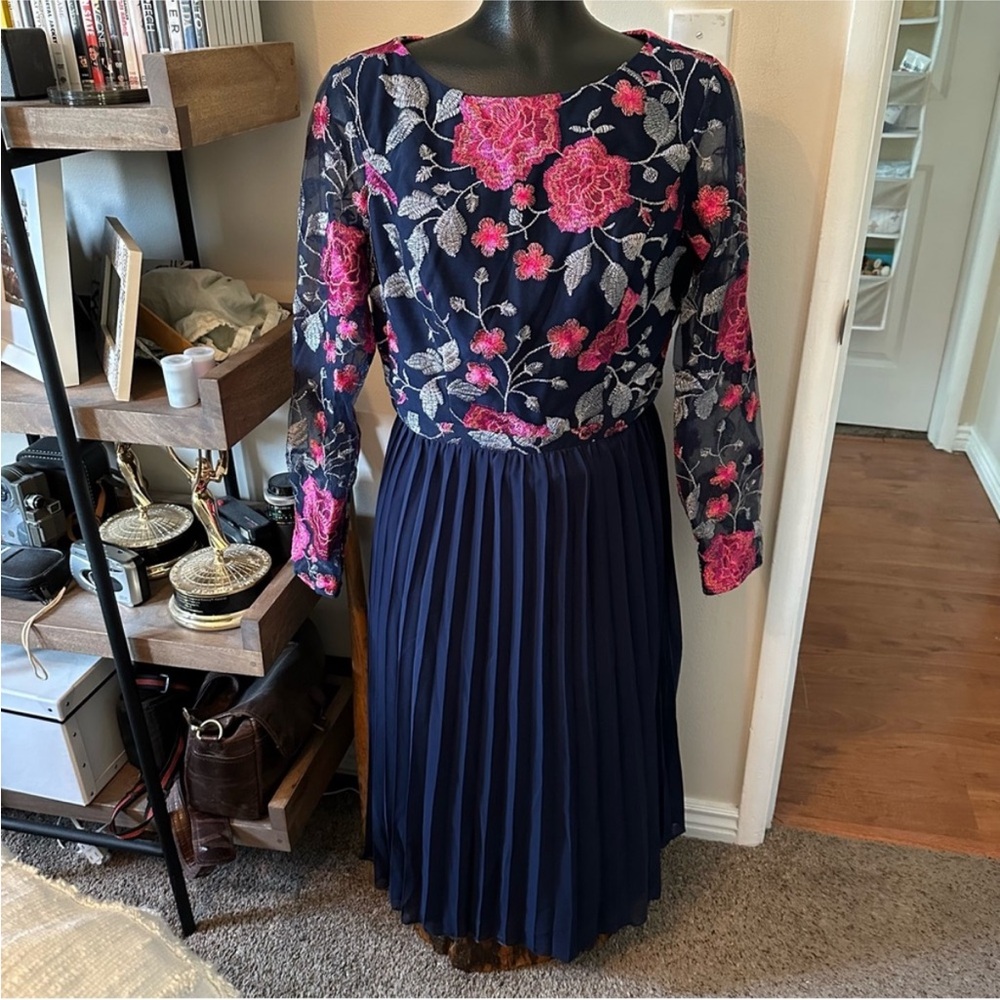 Chi Chi London Pink Floral Embroidered Navy Pleated Midi Dress